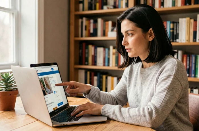 Femme naviguant sur un site web depuis son bureau à domicile, pointant du doigt les rubriques essentielles sur un écran d'ordinateur portable