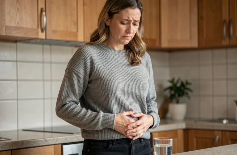 Femme d'une quarantaine d'années dans sa cuisine, l'air préoccupée, tenant un verre d'eau, illustrant la prise de poids inexpliquée chez la femme
