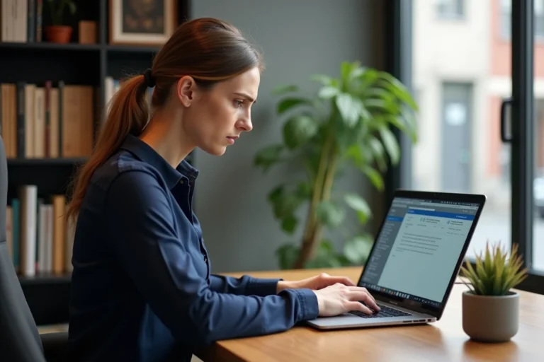 Femme en télétravail résolvant un problème de connexion sur son webmail depuis un bureau à domicile
