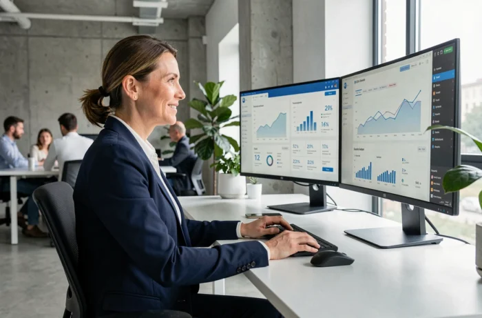 Femme professionnelle analysant des tableaux de bord e-commerce sur des écrans dans un bureau moderne