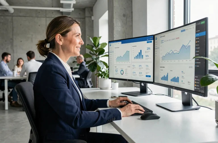 Femme professionnelle analysant des tableaux de bord e-commerce sur des écrans dans un bureau moderne