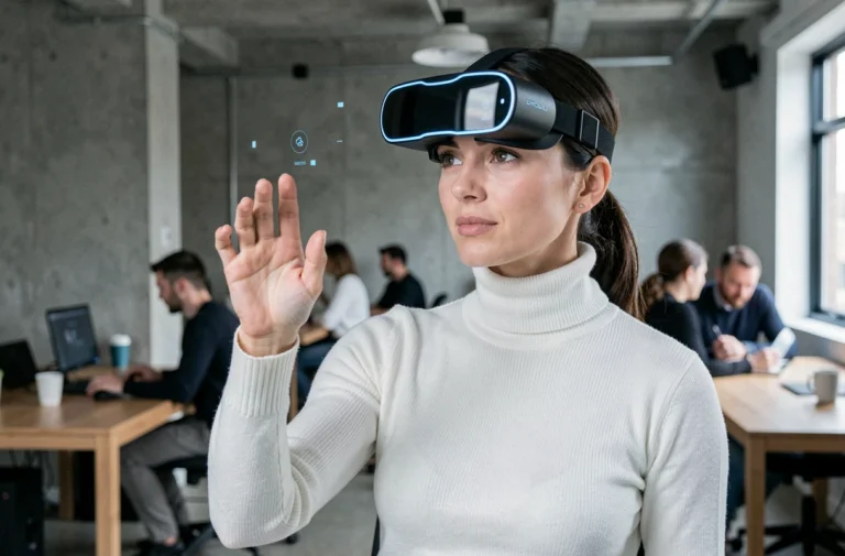 Femme portant un casque de réalité augmentée dans un espace de travail tech moderne, illustrant les dernières innovations technologiques