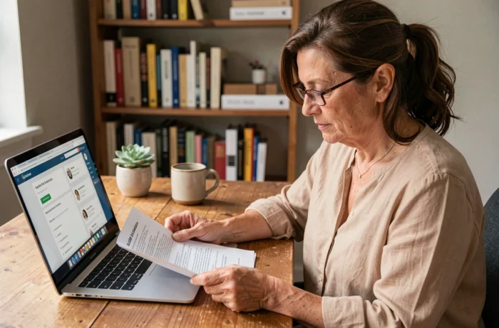 Femme d'âge mûr lisant des documents médicaux à son bureau à domicile, symbolisant la recherche d'information sur les causes de la prise de poids inexpliquée