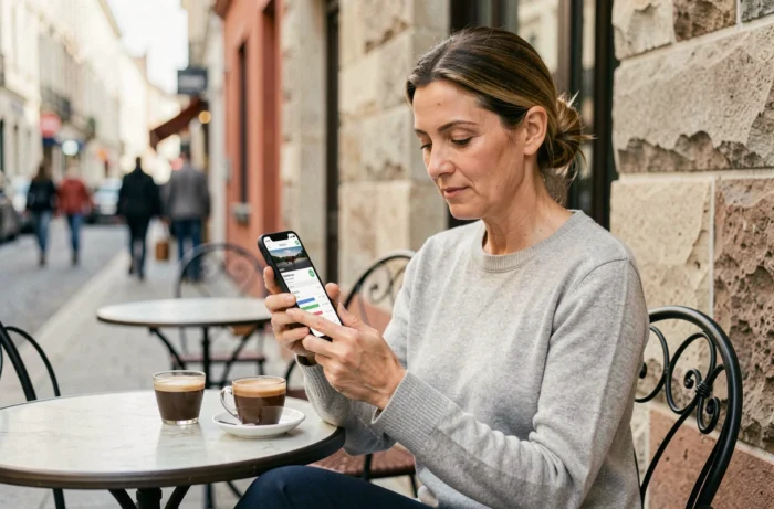 Femme consultant les résultats de courses de trot sur mobile dans un café en terrasse