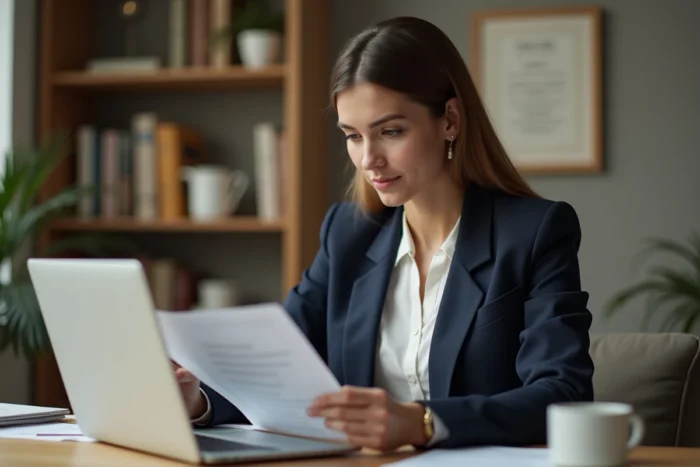 Femme professionnelle révisant son CV à son bureau à domicile lors d'une recherche d'emploi active