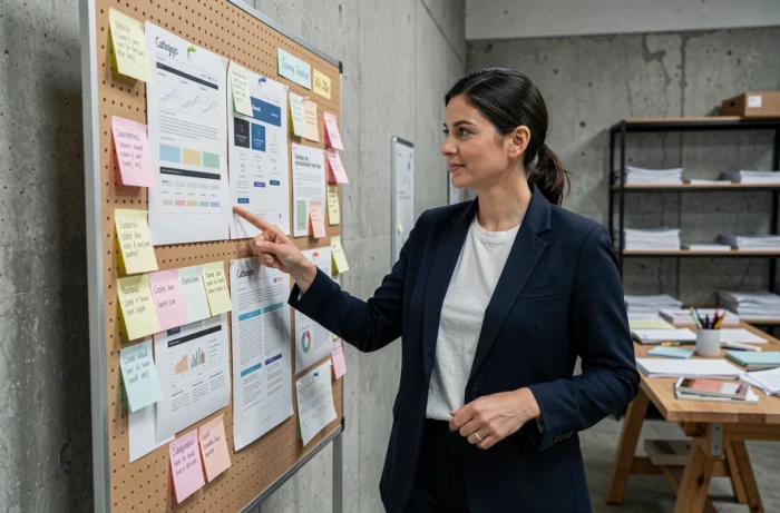 Femme debout devant un tableau de planification de site web dans un atelier créatif avec mur en béton