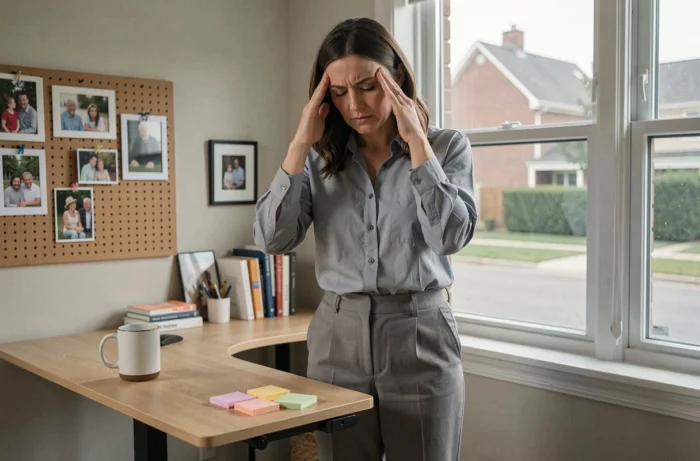 Femme en télétravail montrant des signes d'épuisement professionnel devant son bureau à domicile, évoquant le risque de burn-out chez les parents qui travaillent à distance