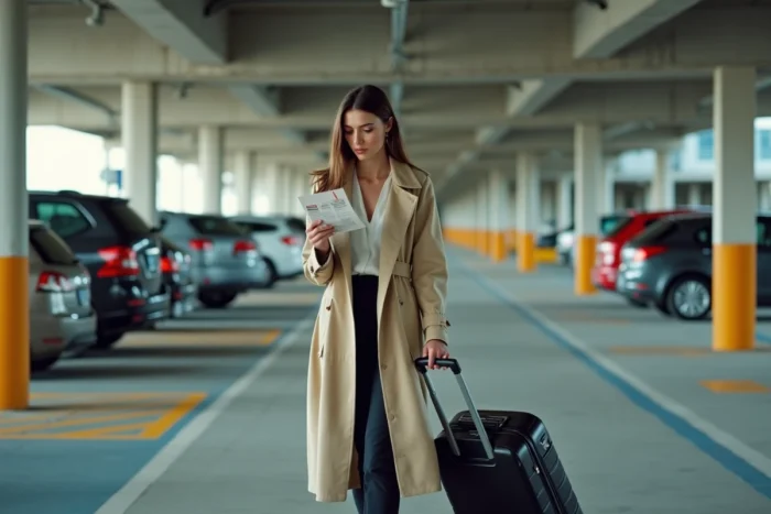 Femme regardant un ticket de parking à l'aéroport de Toulouse Blagnac au parking P5, tenant une valise à roulettes
