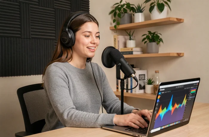 Jeune femme chantant dans un microphone USB devant un logiciel IA de musique sur un ordinateur portable dans un studio maison