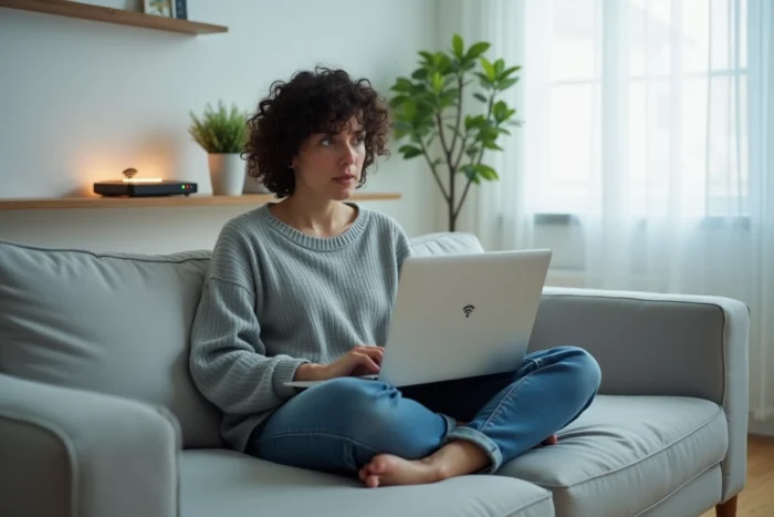 Femme utilisant un ordinateur portable connecté en WiFi dans un salon minimaliste avec routeur visible en arrière-plan