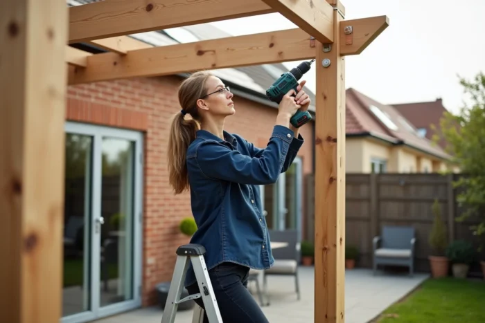 Femme fixant les chevrons en bois d'une pergola en cours de montage sur une terrasse pavée avec perceuse sans fil