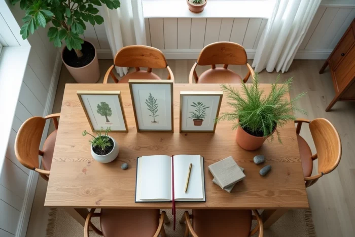 Flat lay tendance déco intérieure avec carnets de jardin, plants en terracotta et prints botaniques sur table en chêne brut