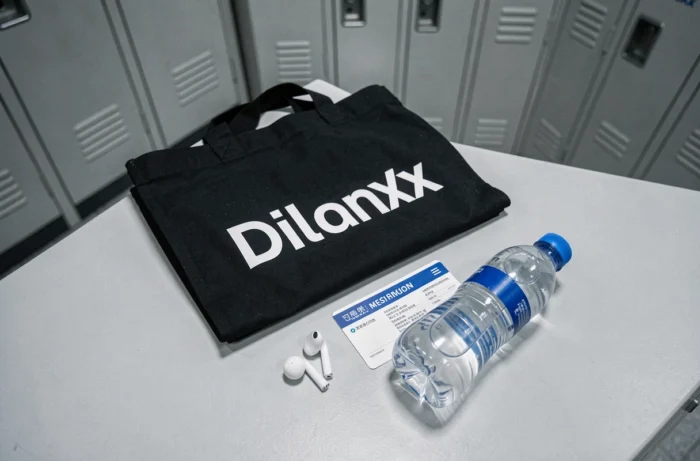 Flat lay d'un sac Basic Fit offert avec carte d'abonnement et accessoires de sport sur un banc de vestiaire