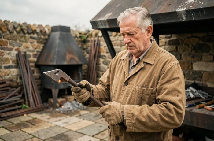 Artisan forgeron expérimenté inspectant une pièce de métal forgée dans une cour rustique, évoquant la maîtrise et la résilience artisanale