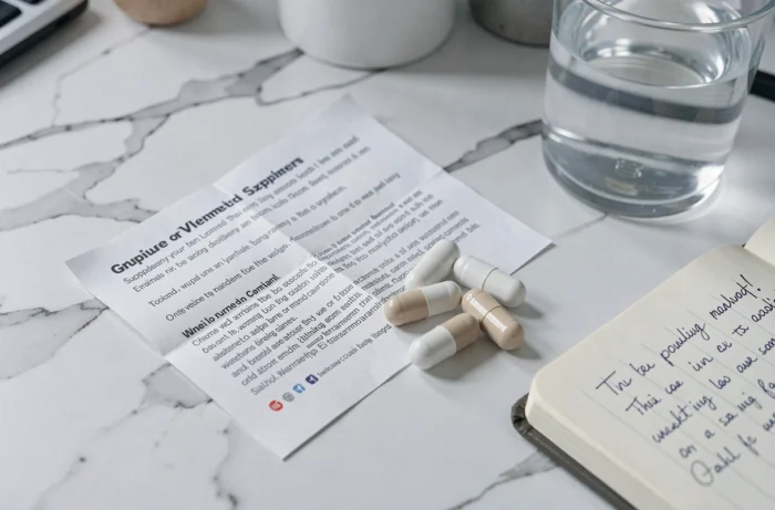Gélules de complément alimentaire Synapsyl avec notice d'effets secondaires sur une surface en marbre blanc