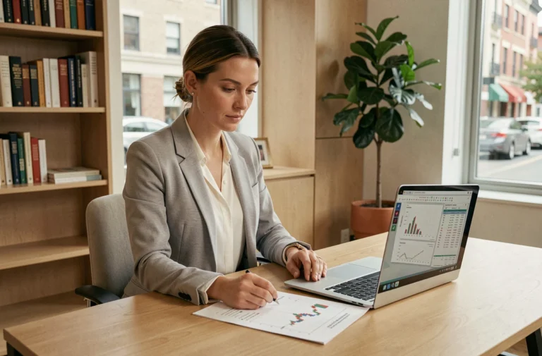 Femme en blazer gris analysant ses finances personnelles sur un bureau moderne avec graphiques et ordinateur portable