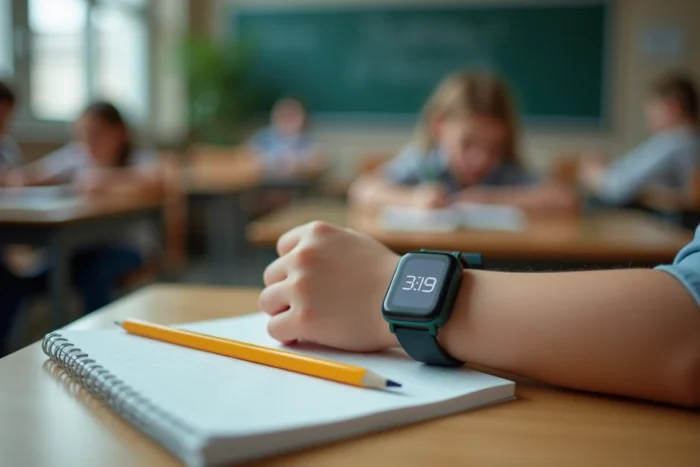 Gros plan d'un bracelet GPS sur le poignet d'un enfant posé sur un bureau scolaire