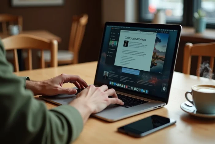 Gros plan sur des mains naviguant sur un ordinateur portable affichant un tutoriel d'installation d'Android TV dans un café cosy