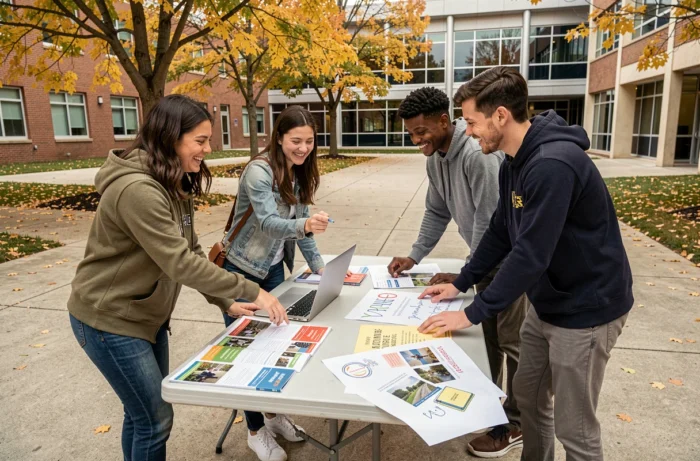 Groupe d'étudiants organisant un événement associatif en extérieur sur un campus universitaire en automne
