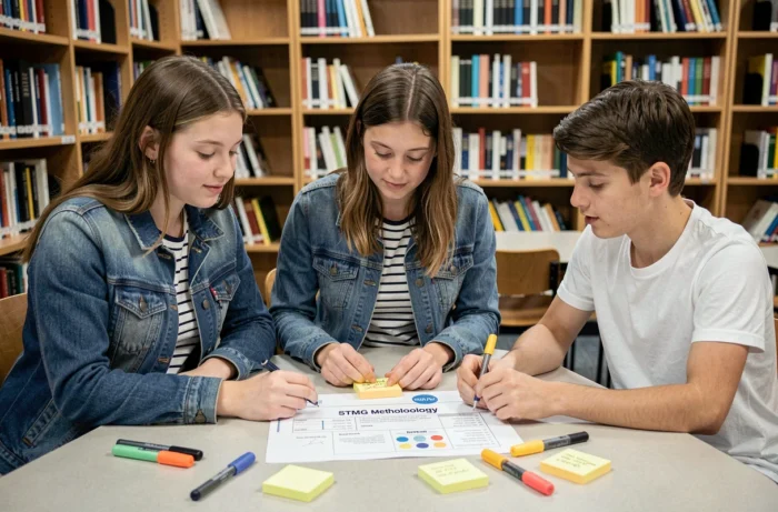 Groupe de lycéens STMG en bibliothèque révisant ensemble la méthode du tableau de caractérisation avec fiches et surligneurs