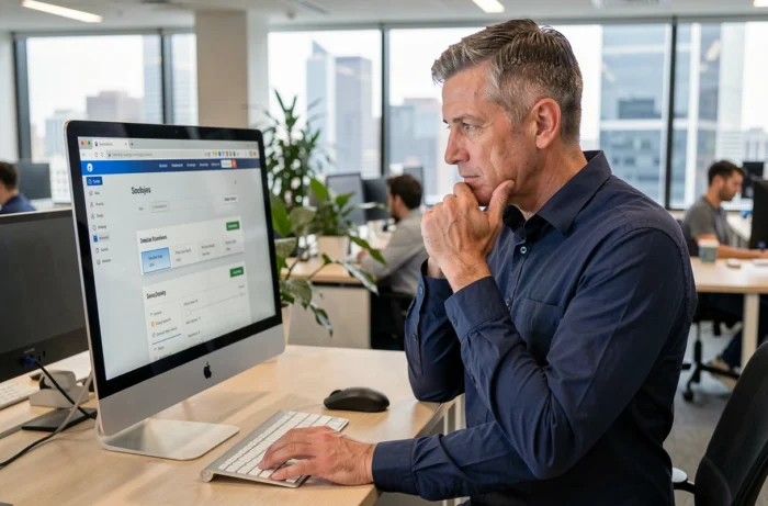 Homme en bureau moderne analysant la structure de navigation d'un site web sur un grand écran d'ordinateur
