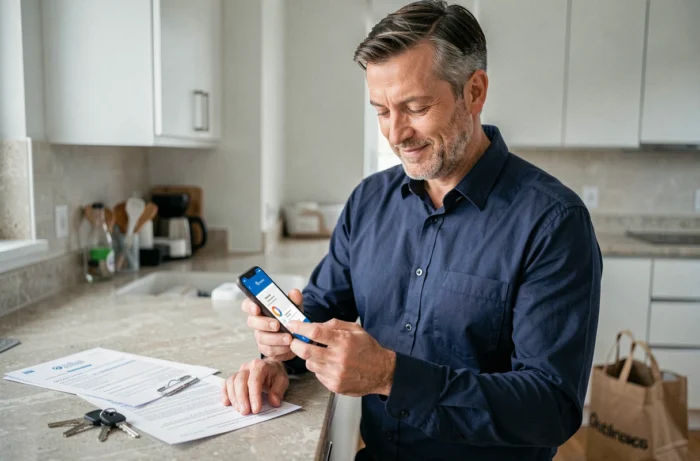 Homme utilisant une application bancaire sur smartphone pour mettre à jour son adresse au Crédit Agricole après un déménagement