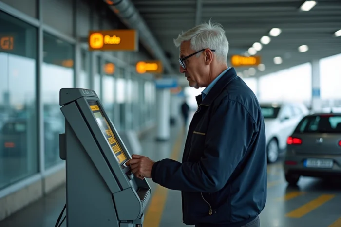 Homme consultant les tarifs sur une borne de paiement du parking P5 de l'aéroport Toulouse Blagnac