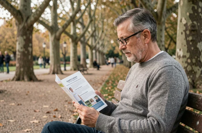 Homme d'une cinquantaine d'années lisant une brochure sur les conditions d'adoption en France dans un parc public