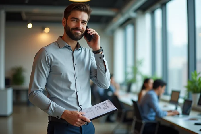 Jeune homme actif en recherche d'emploi passant des appels professionnels dans un espace de coworking moderne