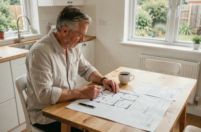 Homme étudiant un plan et un contrat de vente immobilière à la maison