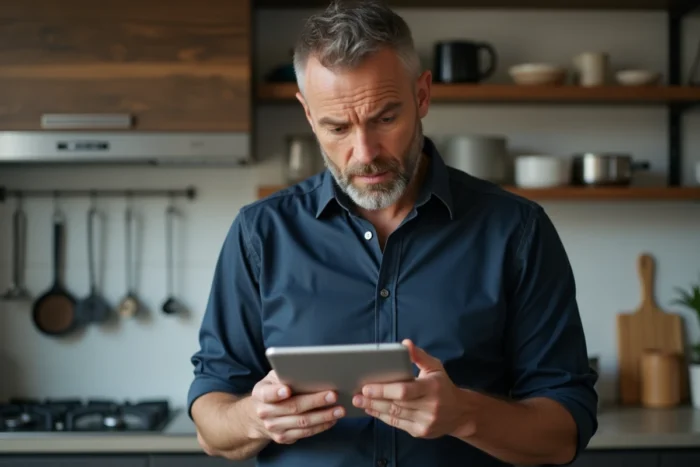 Homme évaluant des avis en ligne sur une tablette dans une cuisine moderne avec une expression dubitative