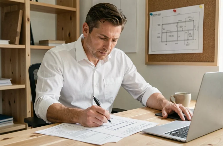 Un homme en chemise blanche examine attentivement des devis de travaux détaillés posés sur un bureau en bois, stylo en main, dans un bureau à domicile organisé avec des plans en arrière-plan