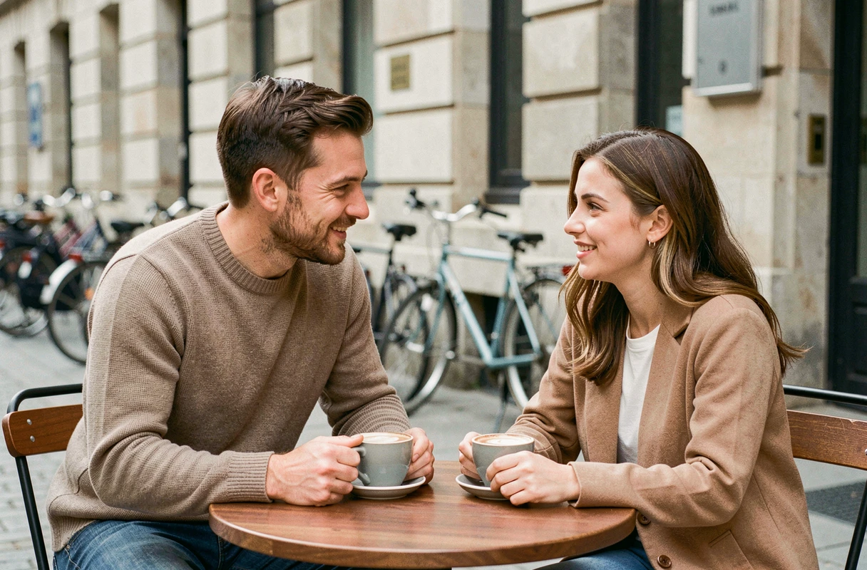 Un homme et une femme discutant avec complicité en terrasse de café, décryptage du langage amoureux
