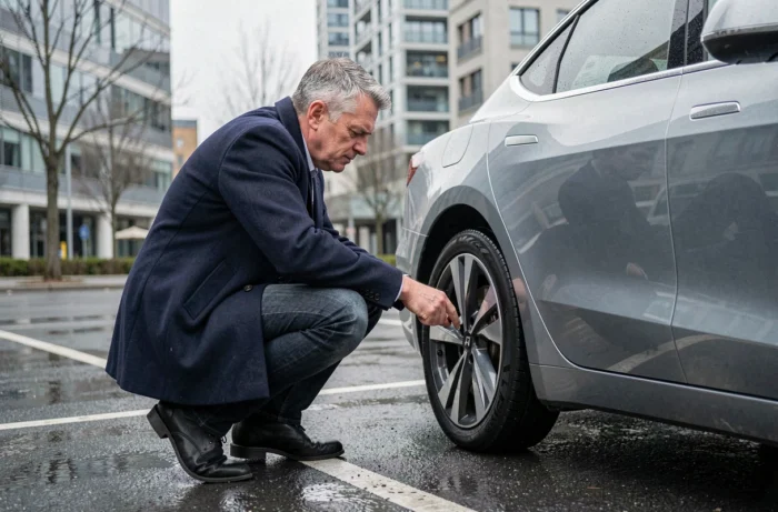 Un homme inspecte les détails d'une berline électrique dans un environnement urbain, évaluant la qualité de conception avant achat