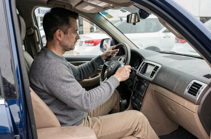 Homme inspectant l'intérieur d'un SUV d'occasion assis au volant avant achat