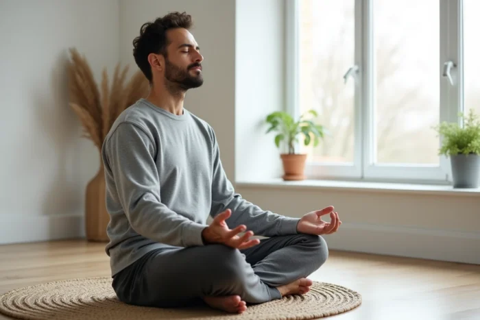 Homme en méditation dans un intérieur épuré et apaisant, symbolisant la reconstruction intérieure après une blessure émotionnelle