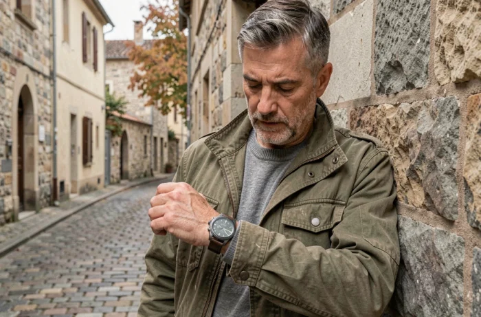 Homme vérifiant sa montre portée à l'envers sur une rue pavée en Europe