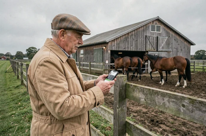 Homme en paddock consultant les cotes de trot en direct sur son smartphone via Infonet 5