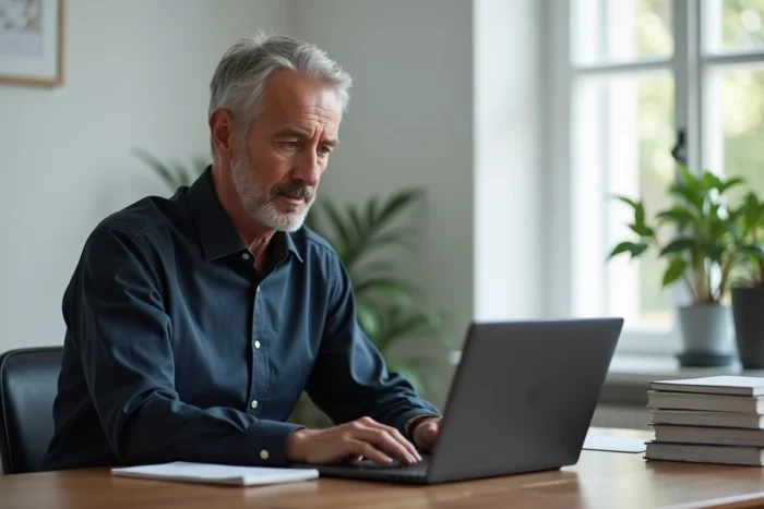 Homme lisant des avis clients sur un ordinateur portable dans un bureau à domicile