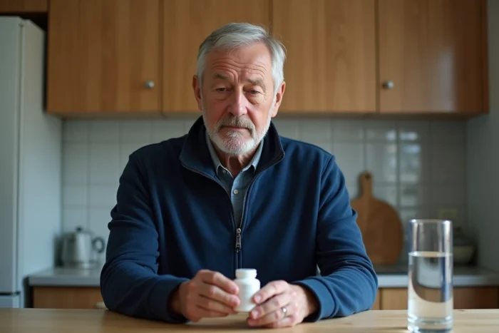 Homme senior lisant l'étiquette d'un complément alimentaire pour les articulations dans une cuisine moderne
