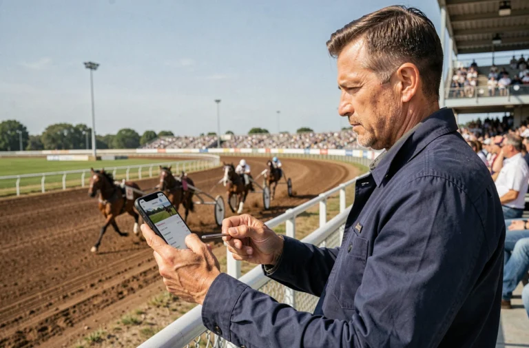 Homme consultant l'application Infonet 5 sur smartphone lors d'une course au trot en tribunes