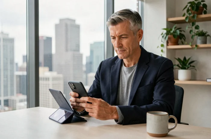 Homme examinant un smartphone pliable dans un bureau moderne avec vue sur la ville, tendances technologiques 2024