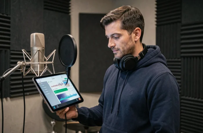 Homme dans un studio d'enregistrement professionnel utilisant une application IA pour superposer sa voix sur une musique
