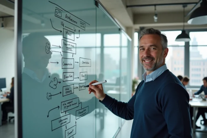 Homme présentant une architecture de plan de site sur un tableau blanc dans un bureau moderne