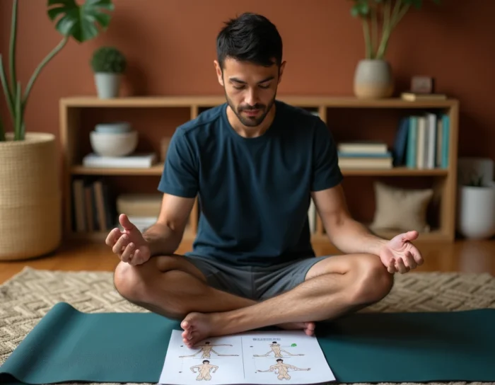 Homme consultant un tableau de postures de yoga assis en tailleur sur un tapis dans un salon chaleureux pour créer ses enchaînements