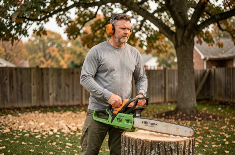 Homme utilisant une tronçonneuse sans fil Black+Decker dans un jardin avec une souche fraîchement coupée