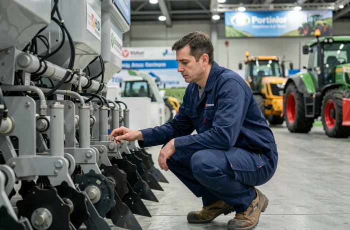 Ingénieur agronome inspectant un semoir de précision lors d'un salon du machinisme agricole en intérieur, symbolisant les nouvelles technologies et tendances du secteur