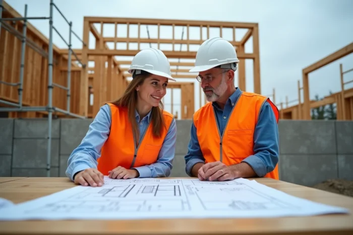 Ingénieurs en structure consultant des plans de charpente sur un chantier de construction avec une portée de 6 mètres