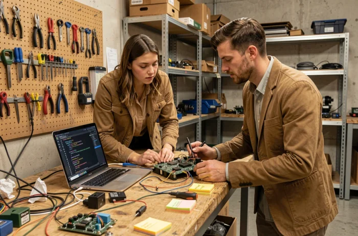 Deux ingénieurs travaillant sur un prototype électronique dans un laboratoire de startup technologique, innovation et développement tech