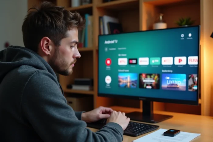 Homme installant Android TV sur un PC portable depuis son bureau à domicile, avec une clé USB et des notes imprimées posées à côté